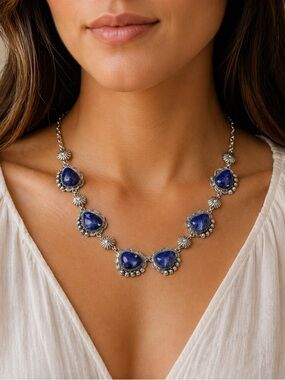Genuine Sodalite Black Oxidized Silvertone Boho Statement Necklace 25 Inch